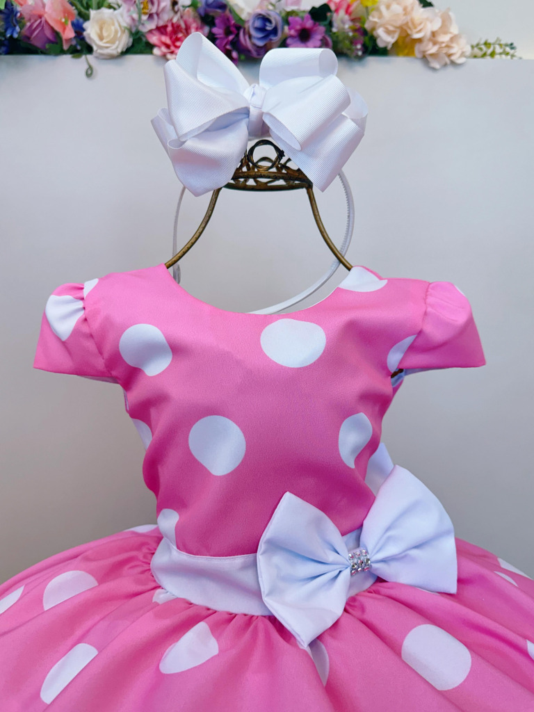Vestido Infantil Minnie Rosa Com Bolinhas Brancas Festas