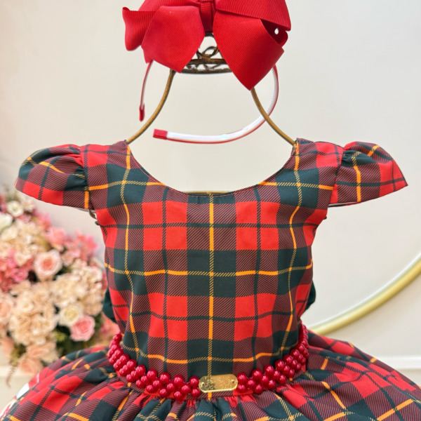 Vestido Infantil Vermelho Xadrez Ursinhos Festas Natal Luxo