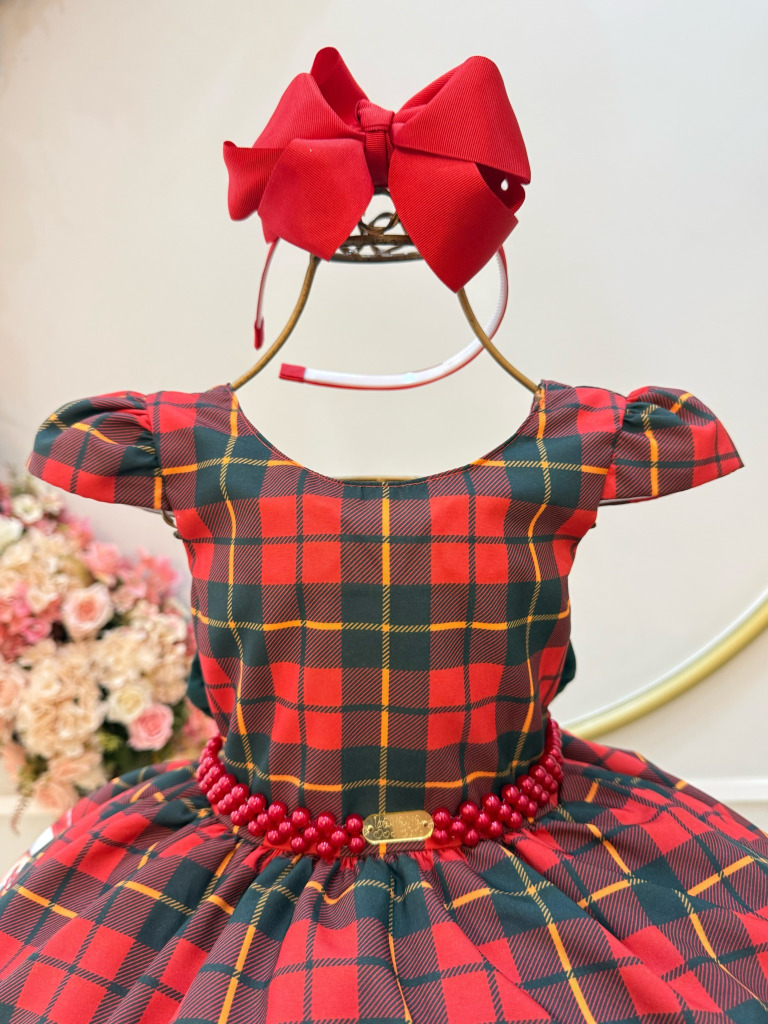 Vestido Infantil Vermelho Xadrez Ursinhos Festas Natal Luxo