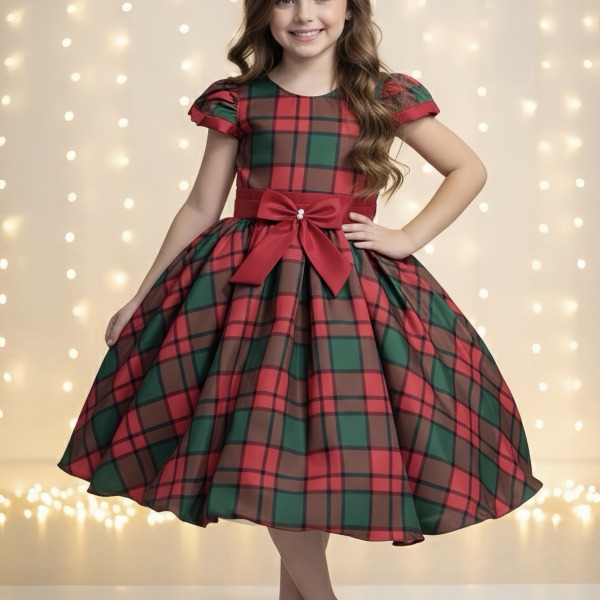 Vestido Infantil Vermelho Xadrez Colorido Festas Natal Luxo