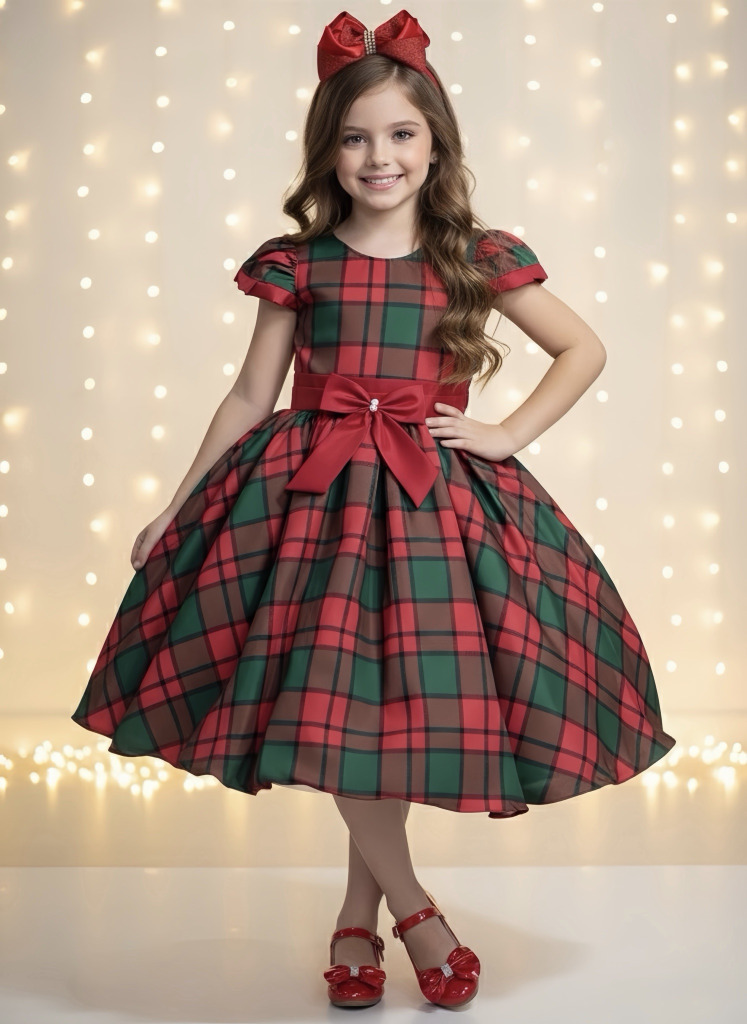 Vestido Infantil Vermelho Xadrez Colorido Festas Natal Luxo