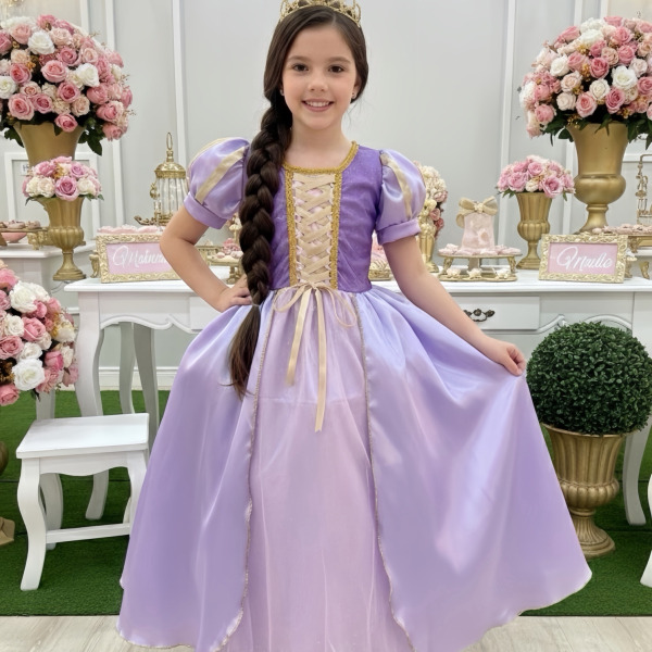Fantasia Infantil Lilás Princesa Rapunzel Festas