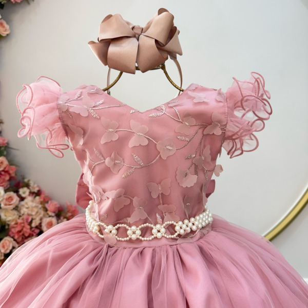 Vestido Infantil Longo Rose C/ Apliques e Renda Damas Festas