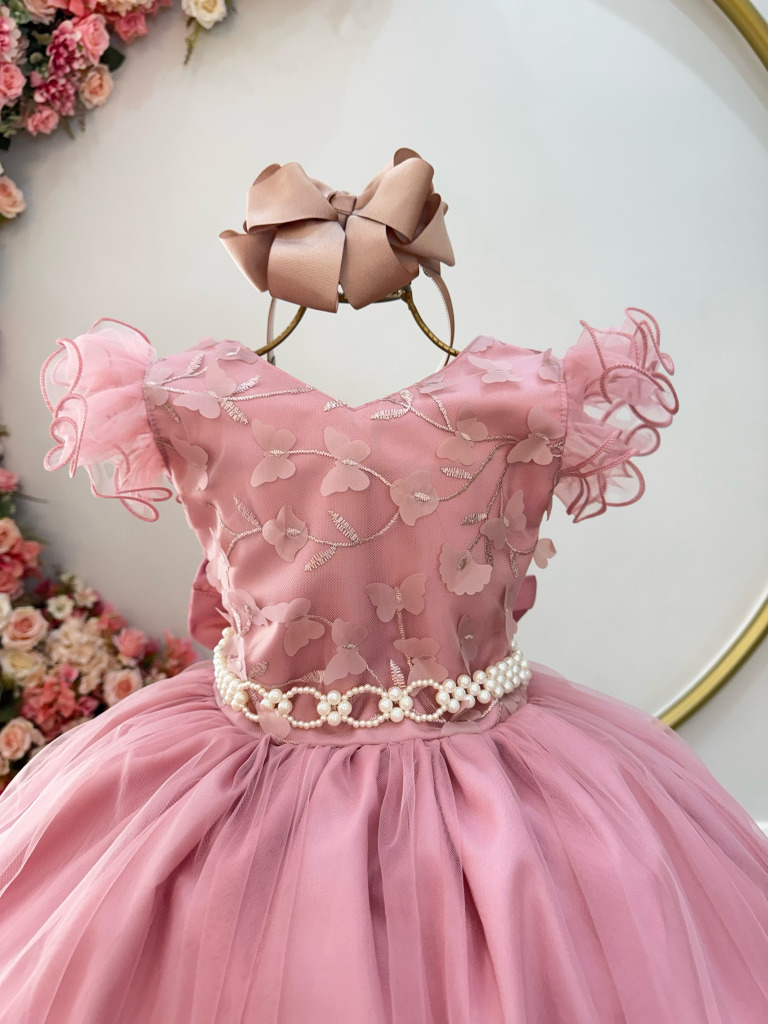 Vestido Infantil Longo Rose C/ Apliques e Renda Damas Festas