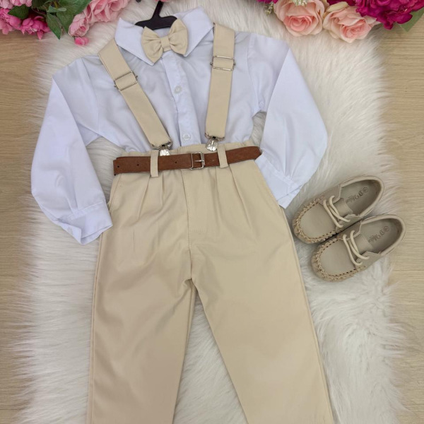 Conjunto Meninos Miss Cherry Leo Suspensorio Palha – Bege