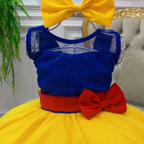 Vestido Fantasia Infantil Branca de Neve C/ Glitter e Capa