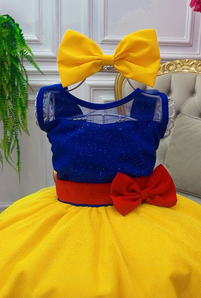 Vestido Fantasia Infantil Branca de Neve C/ Glitter e Capa