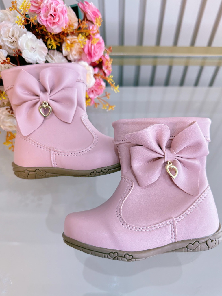 Botinha Infantil Rosa Laço e Pinjente Com Zíper Super Luxo
