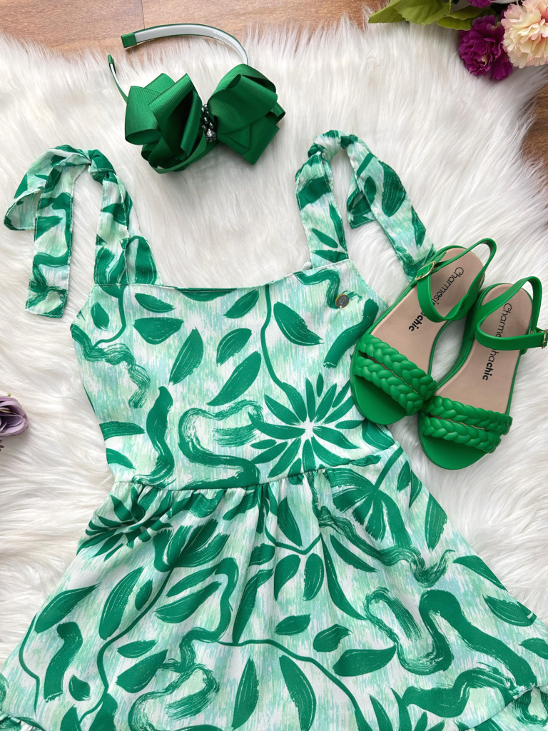 Vestido Infantil Primavera Verão Florido Verde Festas Casual