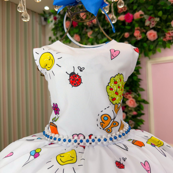 Vestido Marie Lapis Aquarela ABC Branco e Azul Royal