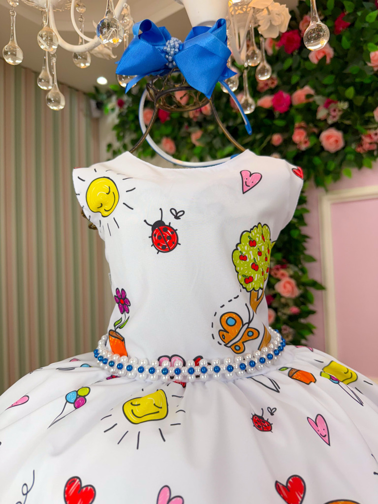 Vestido Marie Lapis Aquarela ABC Branco e Azul Royal